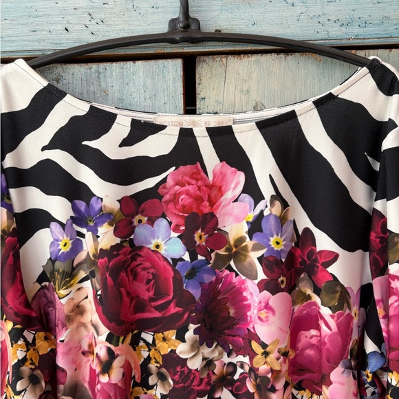 Boston Proper Black and White Zebra Top with Pink Floral Design - Picture 2 of 9